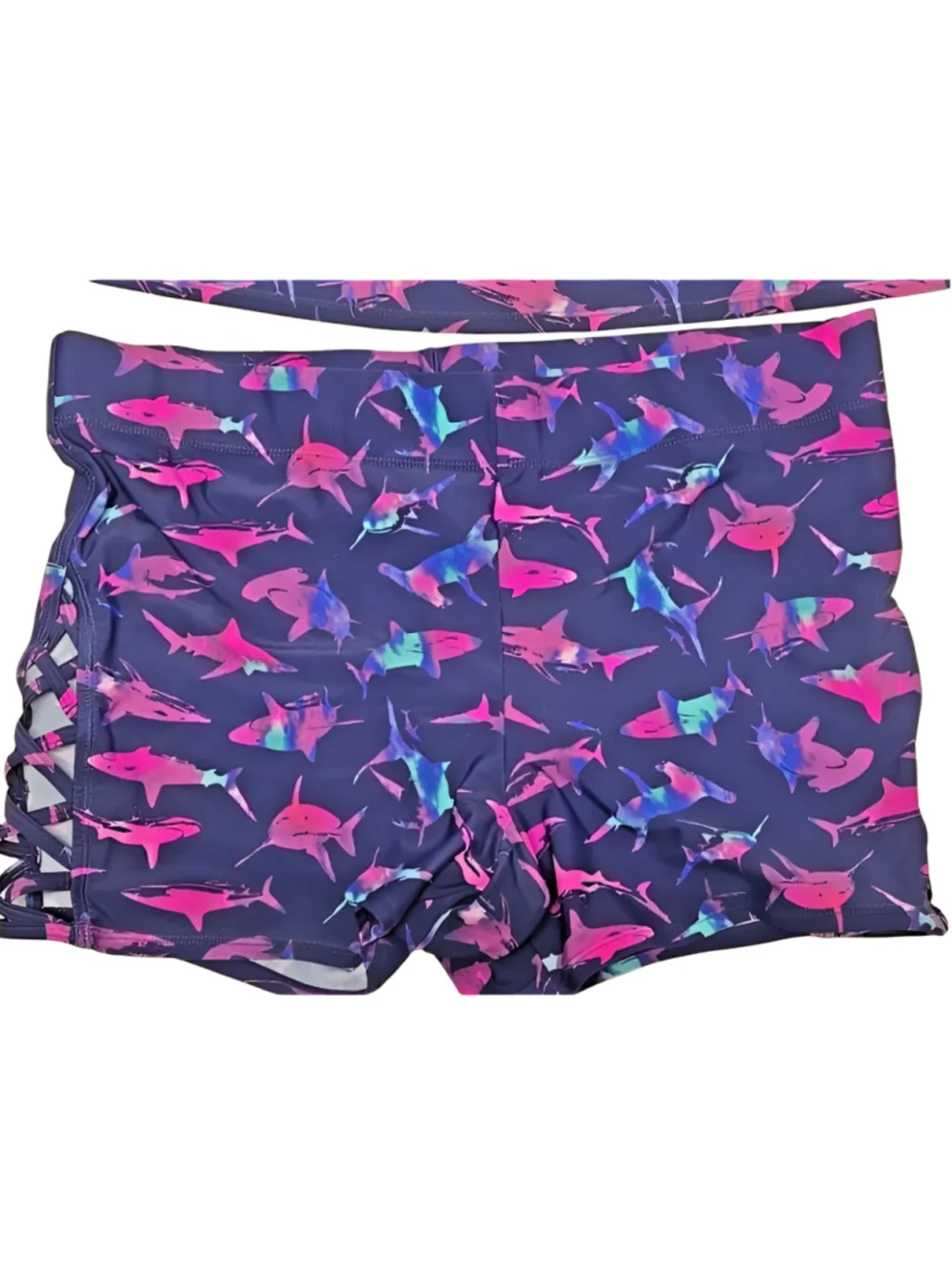 Torrid 1X Navy Shark Print High Rise Swim Short Lattice Side UPF 50 Plus Size - Picture 2 of 7